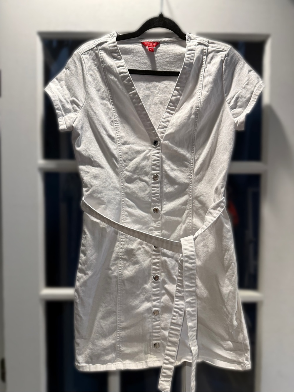 White Denim Tie- Waist Button Up Short Sleeve Mini Dress